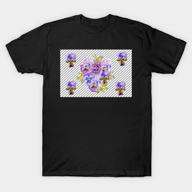 Shabby Chic Purple Pansy floral Stripe Pattern T-Shirt by SarahRajkotwala